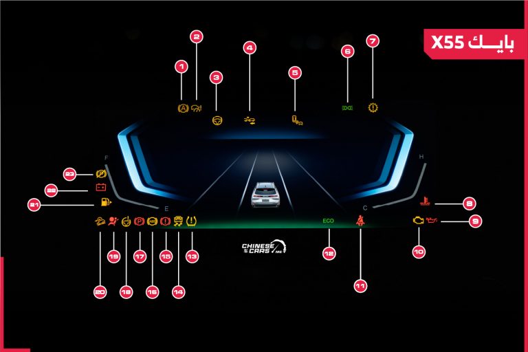 سيارة بايك X55 2023 وأبرز العلامات التحذيرية بشاشة عداداتها