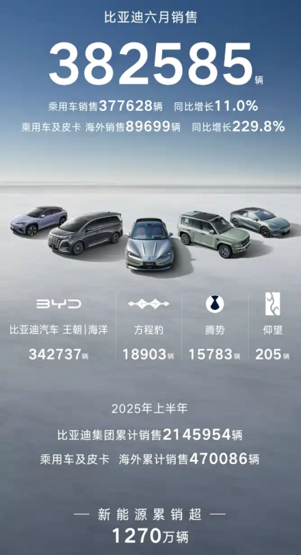 بي واي دي تُسجّل مبيعات قياسية في يونيو 2025: أكثر من 382,000 سيارة ونمو سنوي 33% في النصف الأول
