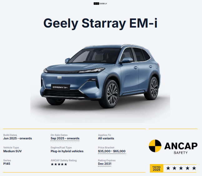 شبكة السيارات الصينية &ndash; Geely Starray EM-i تحصل على تقييم 5 نجوم في اختبارات السلامة ANCAP