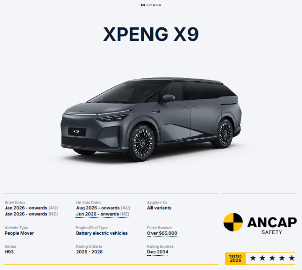 XPENG X9 تحصل على 5 نجوم في اختبارات السلامة ANCAP لعام 2026